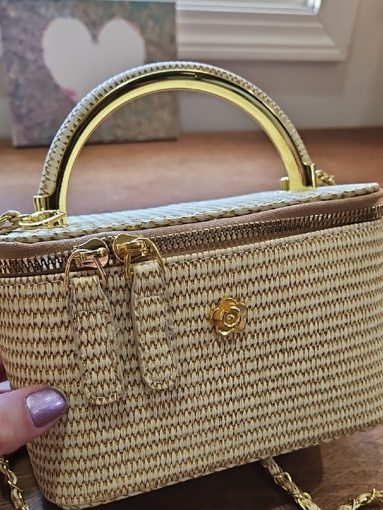 Handbags - Woven Straw Top-Handle Shoulder Bag in Cream and Tan